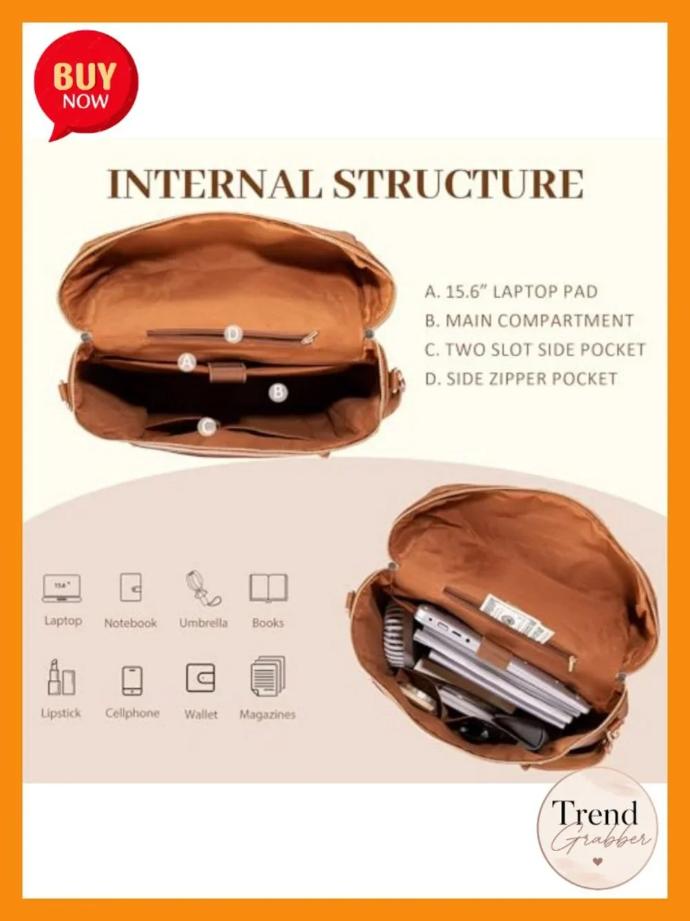 Convertible Leather Laptop Backpack Women Work Travel Bag with Detachable Strap